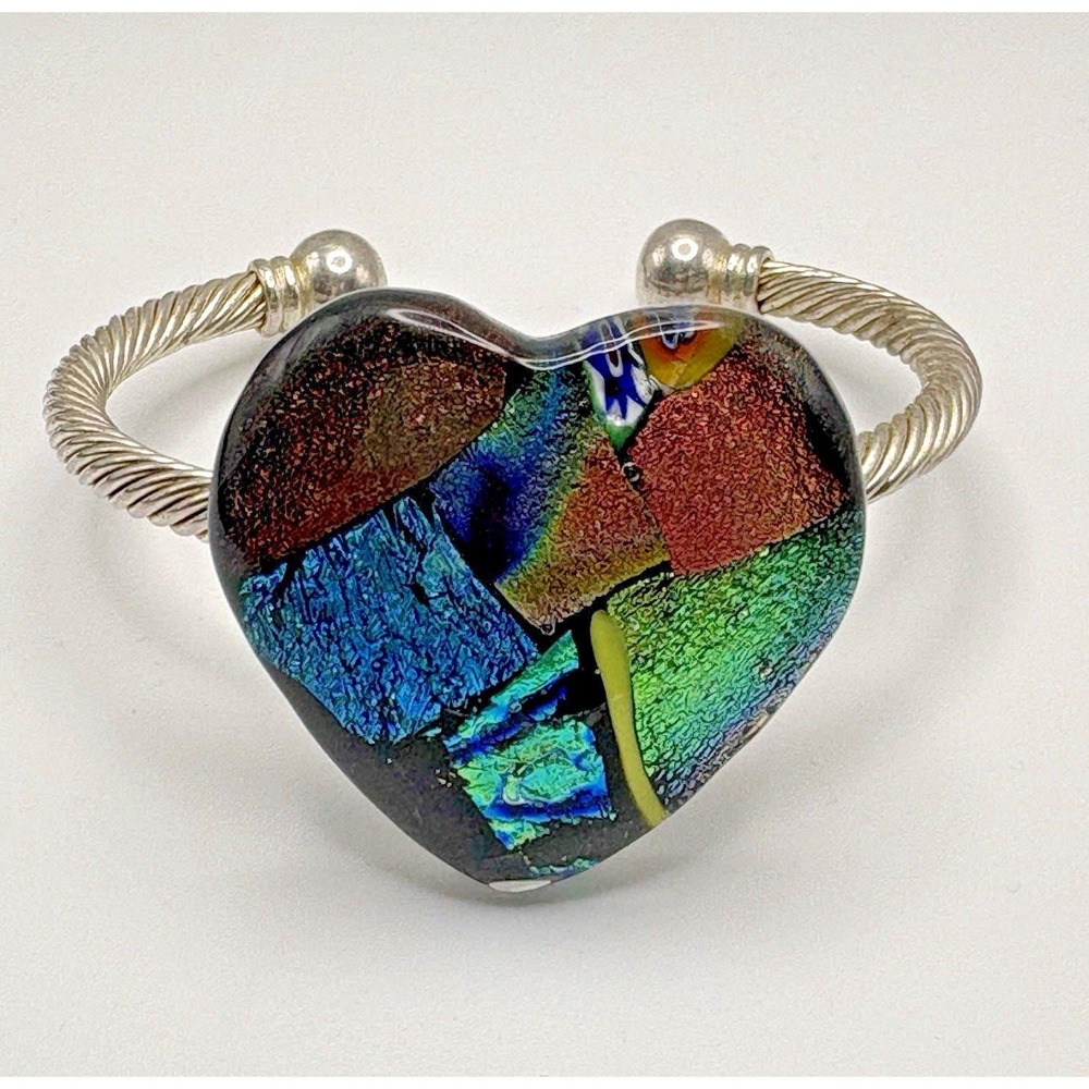 Vintage Dichroic Art Glass Heart Cuff Bracelet Silver Tone Cable Blue Green